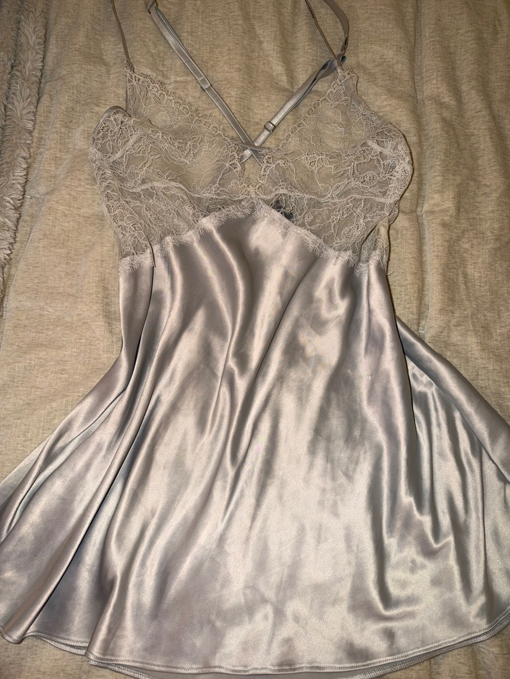 Victoria’s Secret Silky Lace Trim Chemise Nightdress in Light Silver